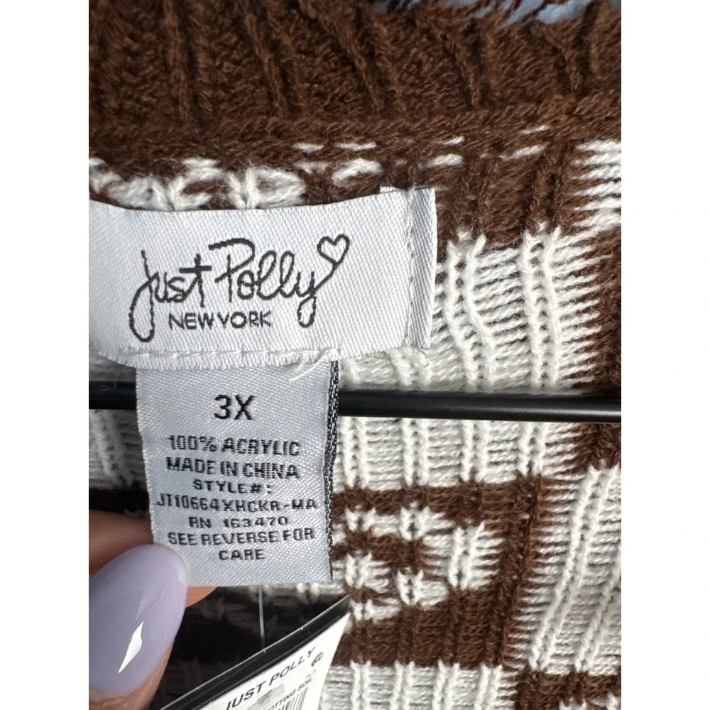 NEW Just Polly Heart Checkered Distressed Sweater Brown Cozy Y2K Grunge Boho 3X